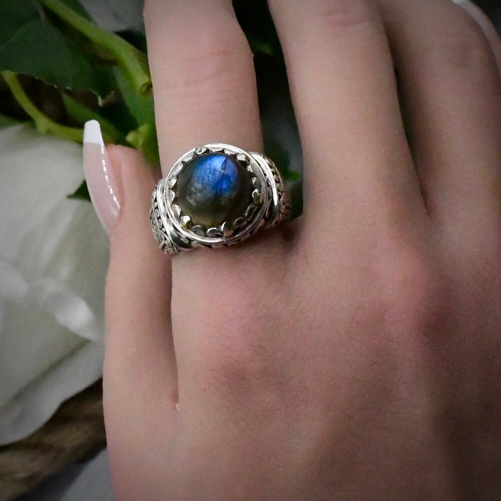 Robert Manse Bali Designs 925 Silver 18K Gold Labradorite Ring Size 8 Blue Flash